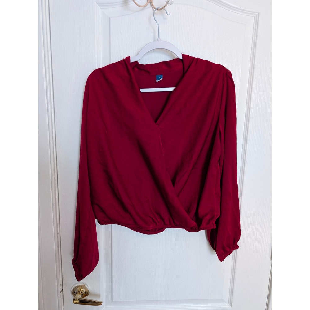 Old Navy Womens Red Long Sleeve Wrap Blouse Elastic Hem V-Neck Size M